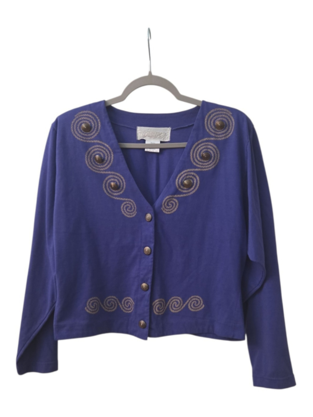 Casino Vintage 90s Embroidered Swirl Button Front Cardigan Top Blue